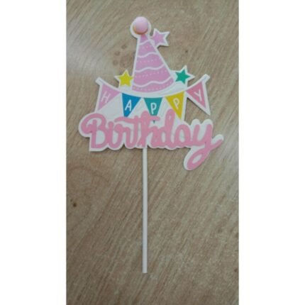 Pink Cone Shaped Happy Birthday Cake Topper With Pom