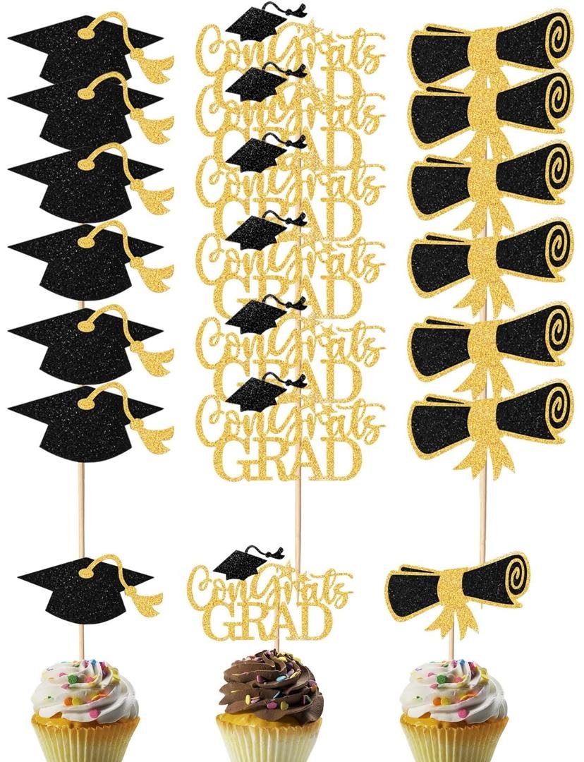 WhatsApp Image 2026-07-08 at 1.08.02 PM Gold & Black Grad Cupcake Topper 9/pack - Image 1